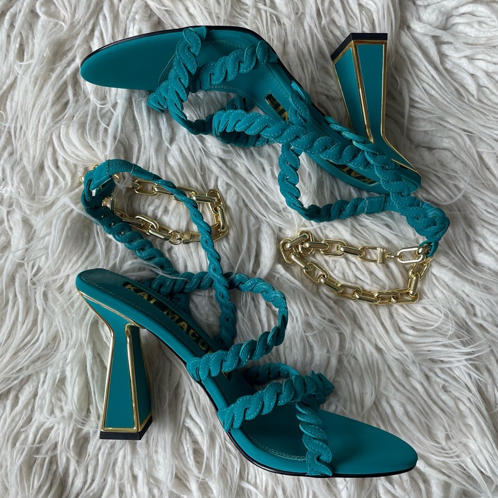 Kat Maconie Teal Blue Gold Chain Avril Hourglass Leather Braided Heels NWOB Sz 8 - Picture 3 of 10